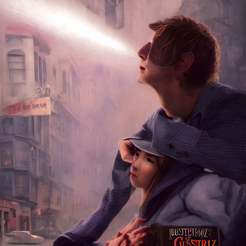 Man and woman embrace in misty urban alleyway under beam of light