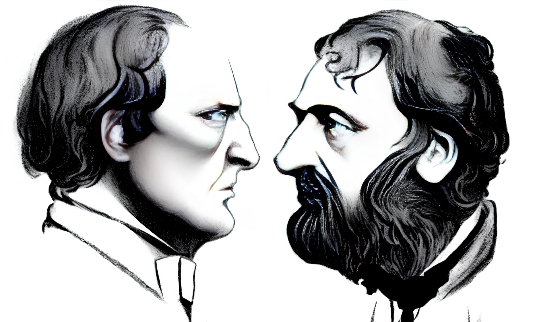 Monochromatic illustrations of men with sideburns and beard, facing each other.