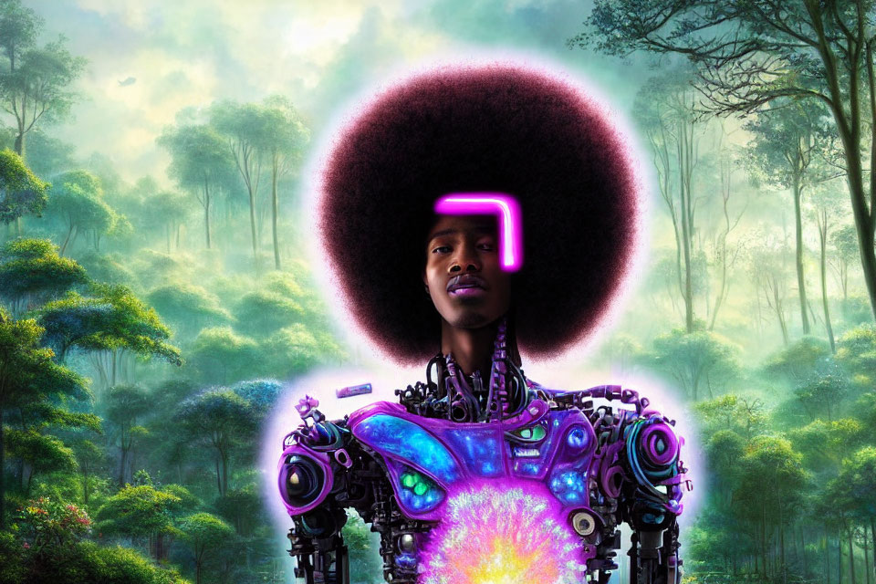 Person with Large Afro on Neon Mechanical Body in Mystical Forest