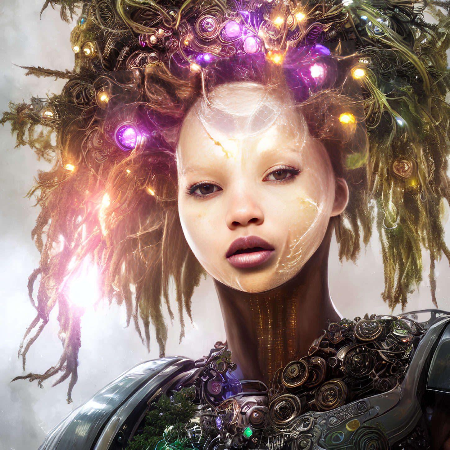 Portrait of a woman with illuminated orbs, tree branches in hair, mechanical details, dreamlike atmosphere