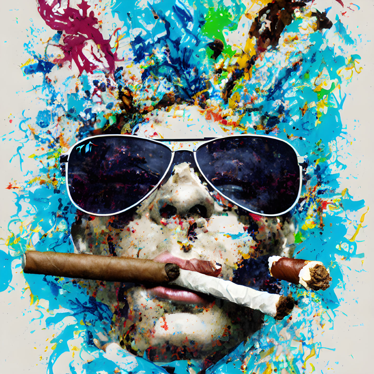 Colorful portrait of person in sunglasses smoking cigar against vibrant paint splashes