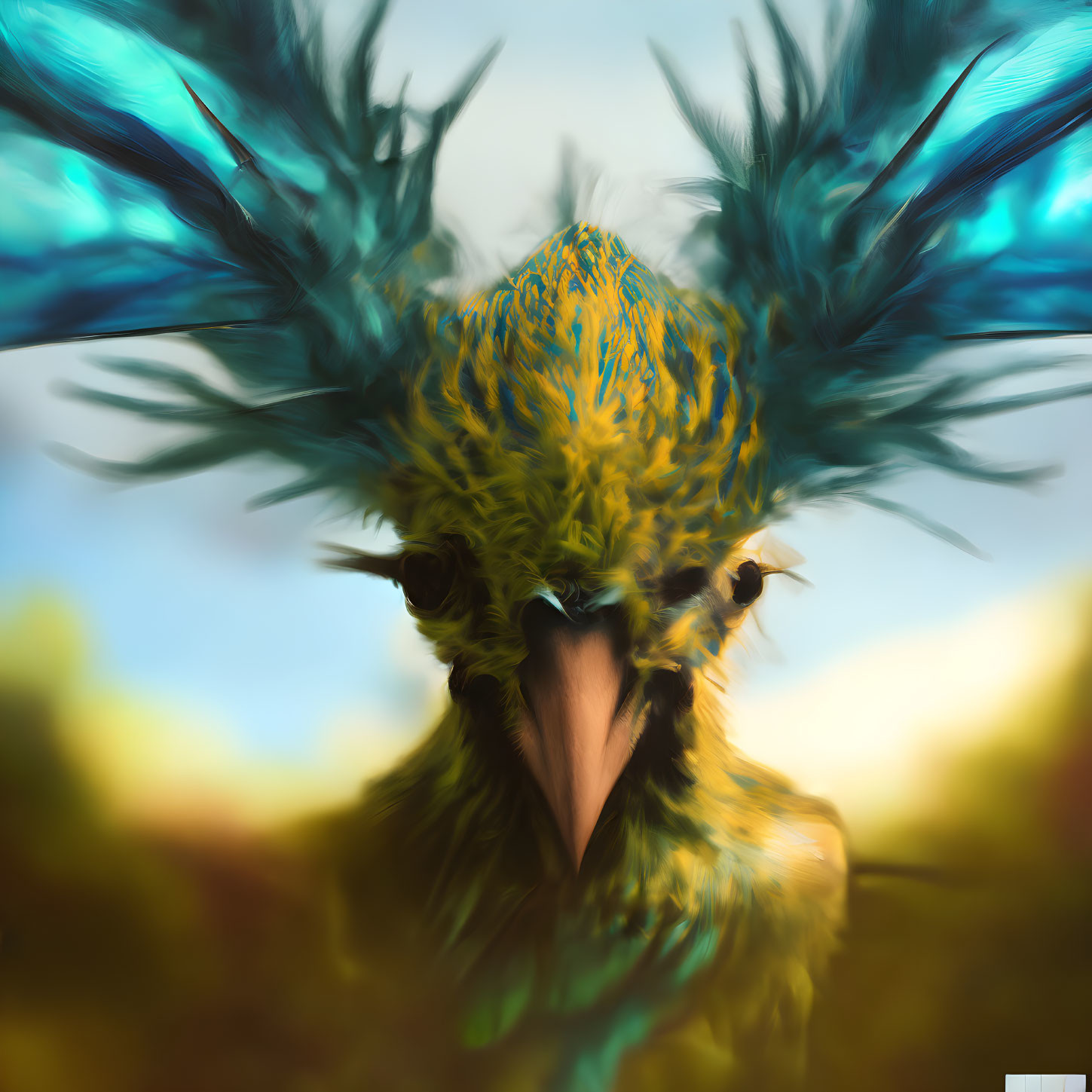 Colorful digital artwork of a bird with flowing feathers in blue and green against a blurred background