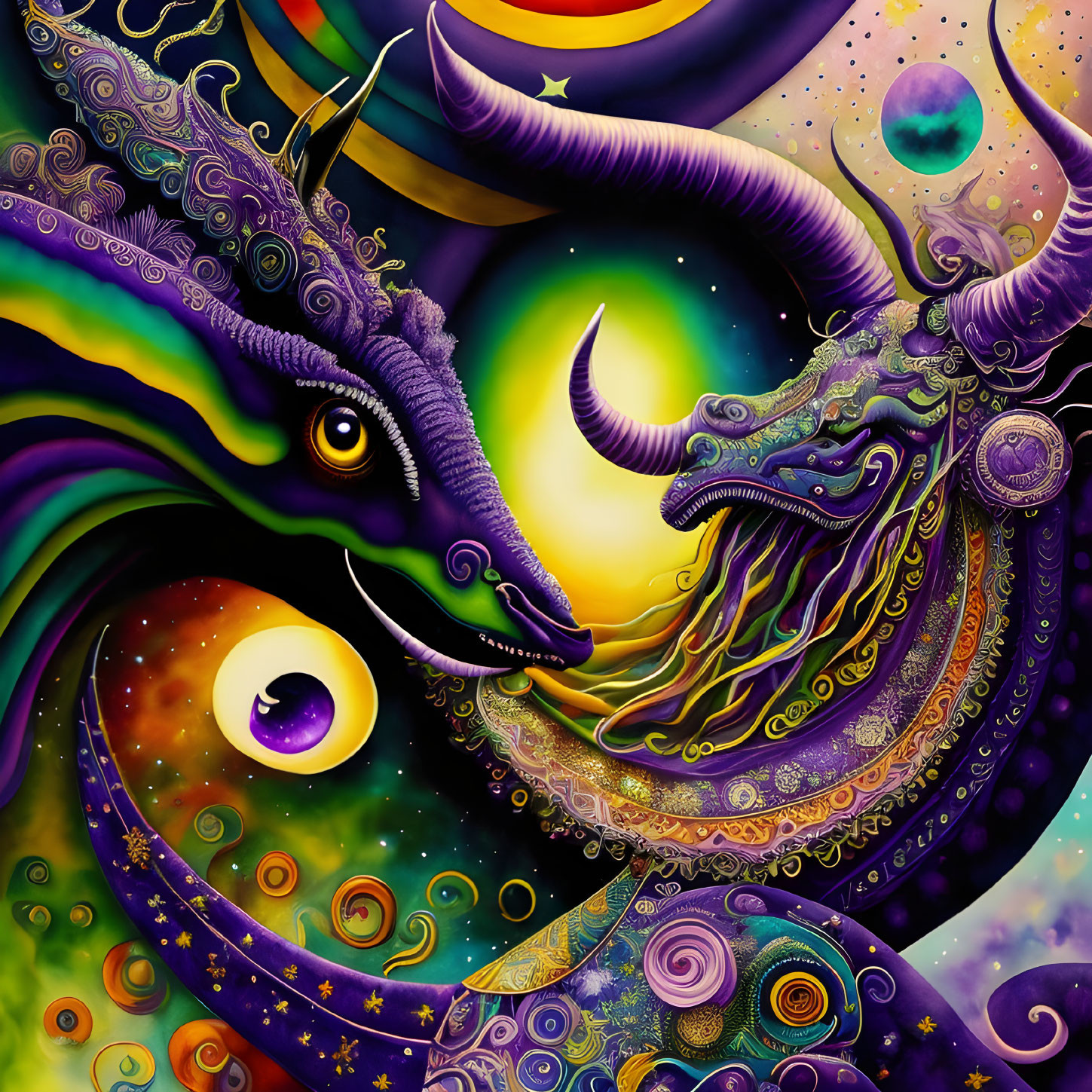 Colorful Cosmic Dragon Artwork with Stars and Planets