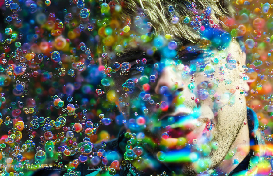 Close-up Portrait Partially Obscured by Colorful Bubbles