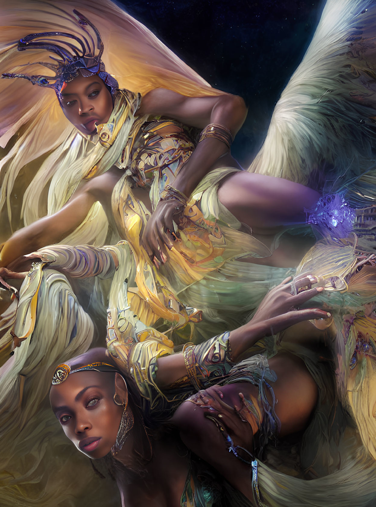 Ethereal artwork featuring two women in golden jewelry and regal headdresses against a cosmic backdrop