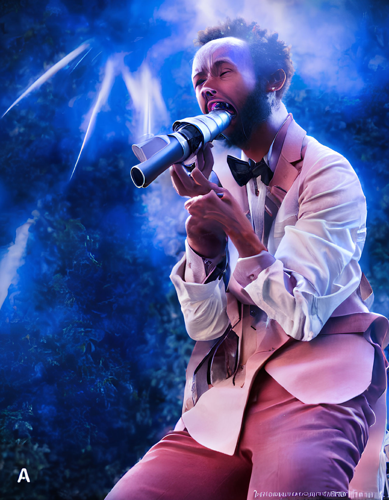 Male performer in cream jacket and bow tie singing on blue-lit stage