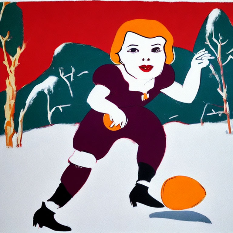 Stylized painting of child in purple dress playing with orange ball in snow-covered landscape