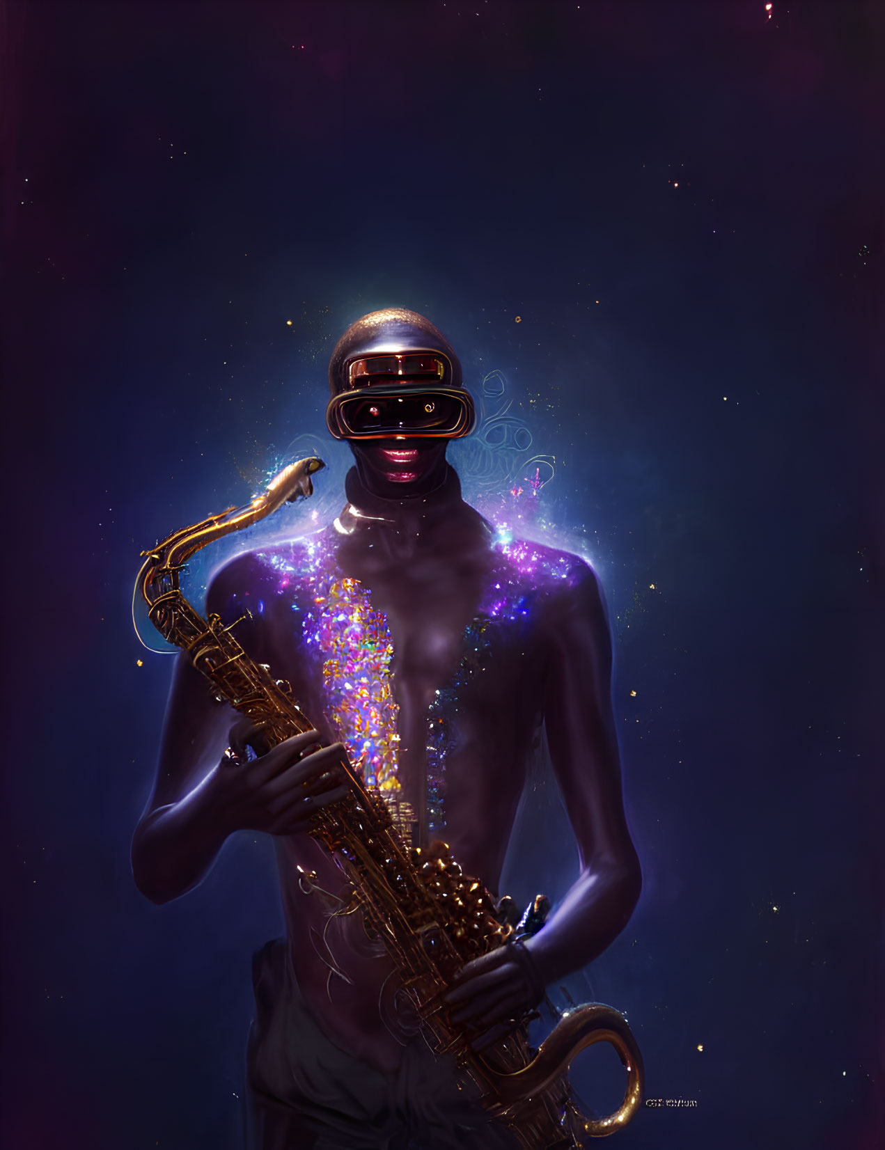 Cosmic entity playing saxophone with galaxy patterns