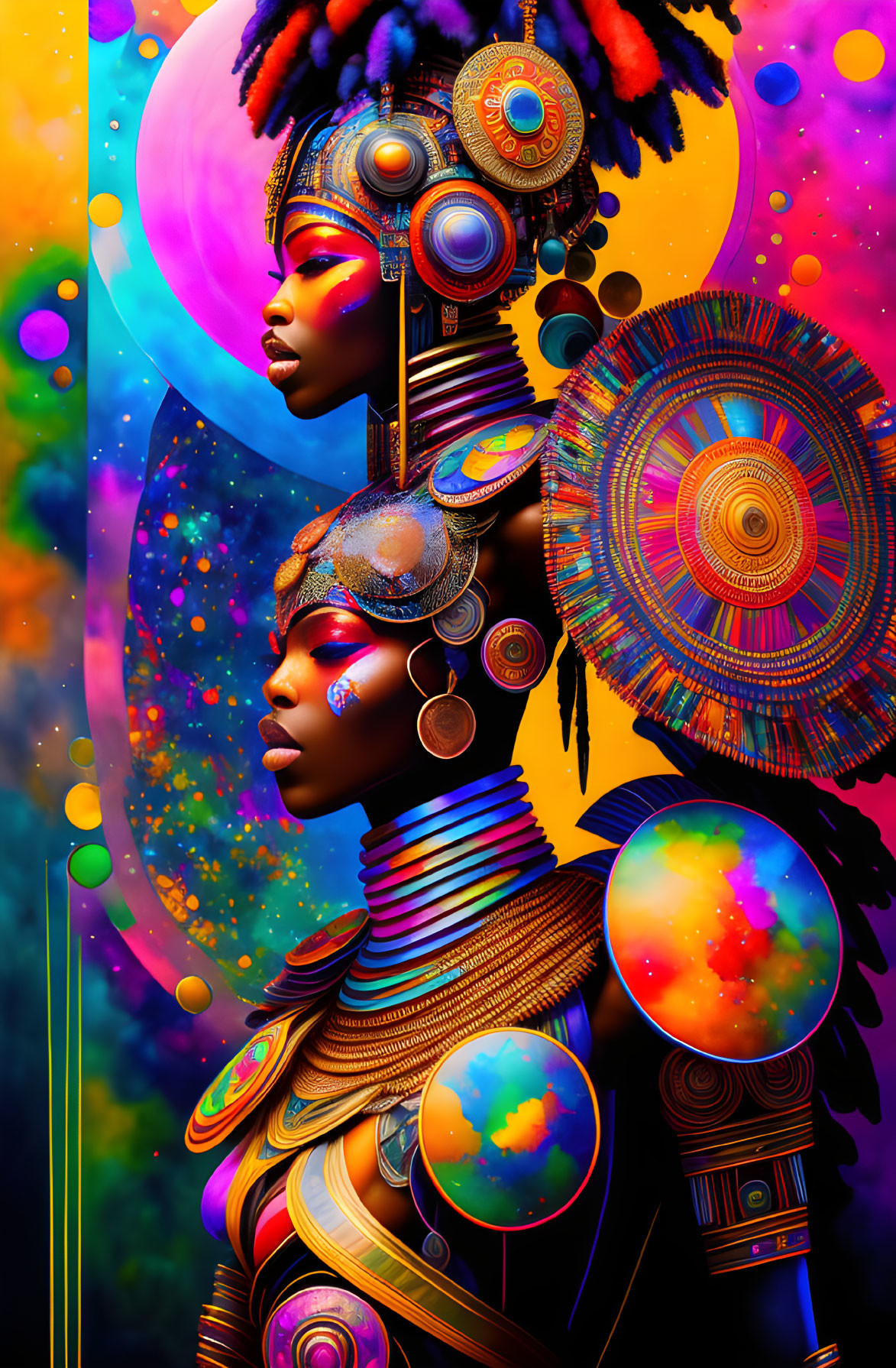 Futuristic African-inspired digital art of two women in vibrant attire