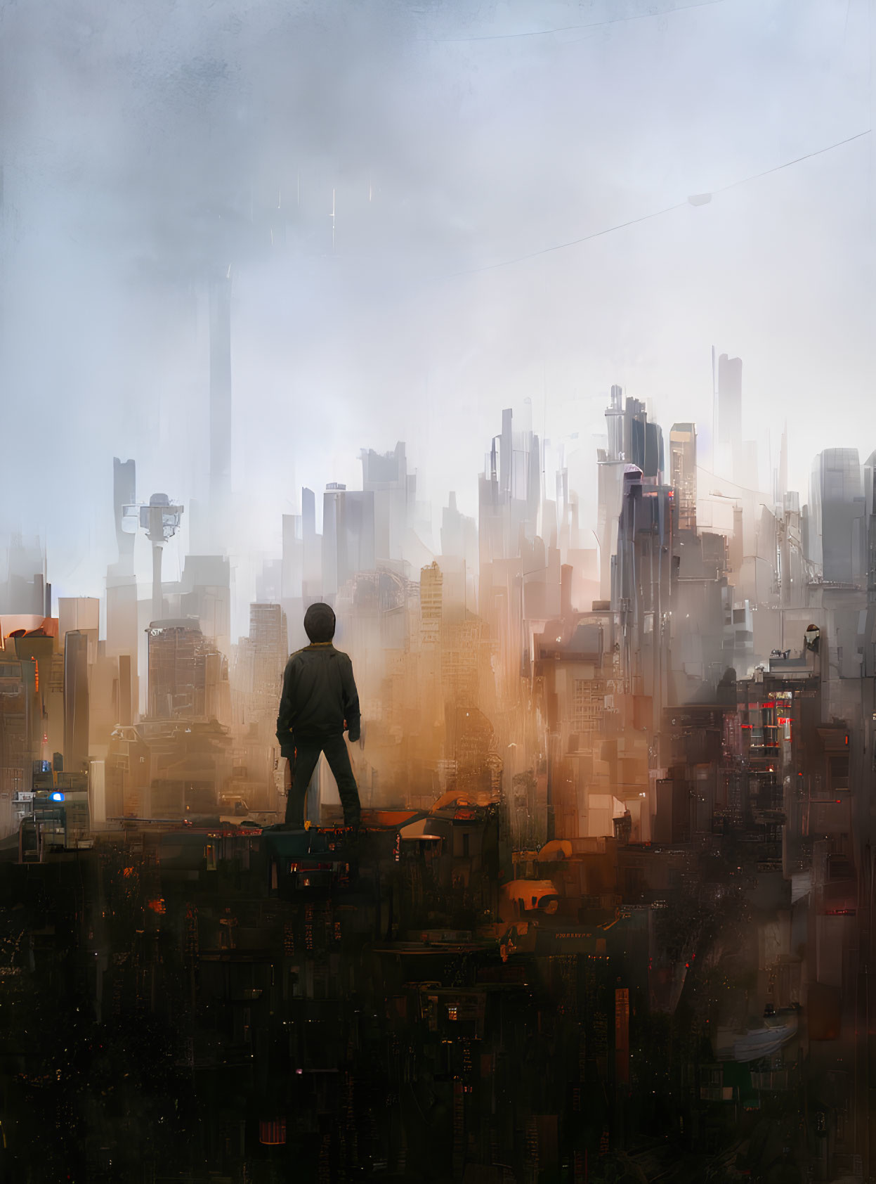 Person overlooking misty cityscape with skyscrapers