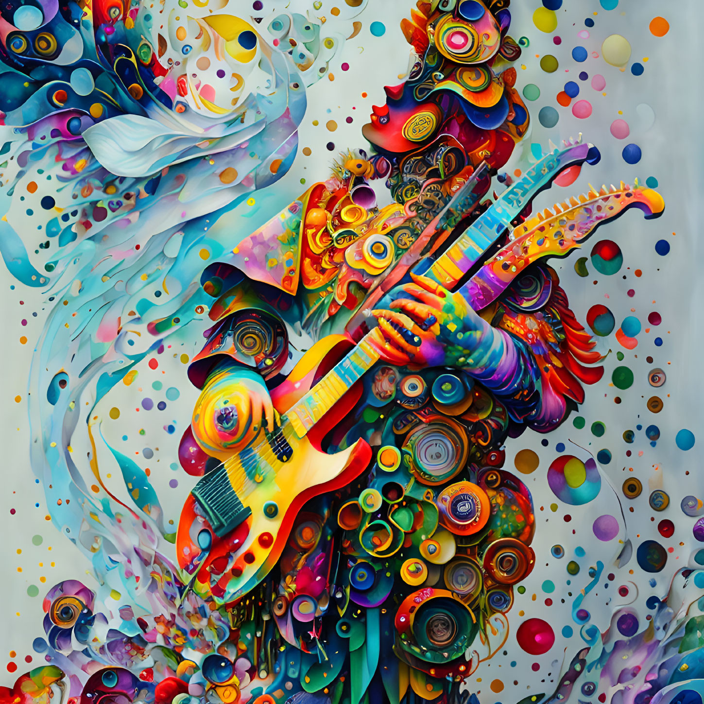 Colorful Abstract Art: Guitar-themed Fusion of Shapes and Patterns