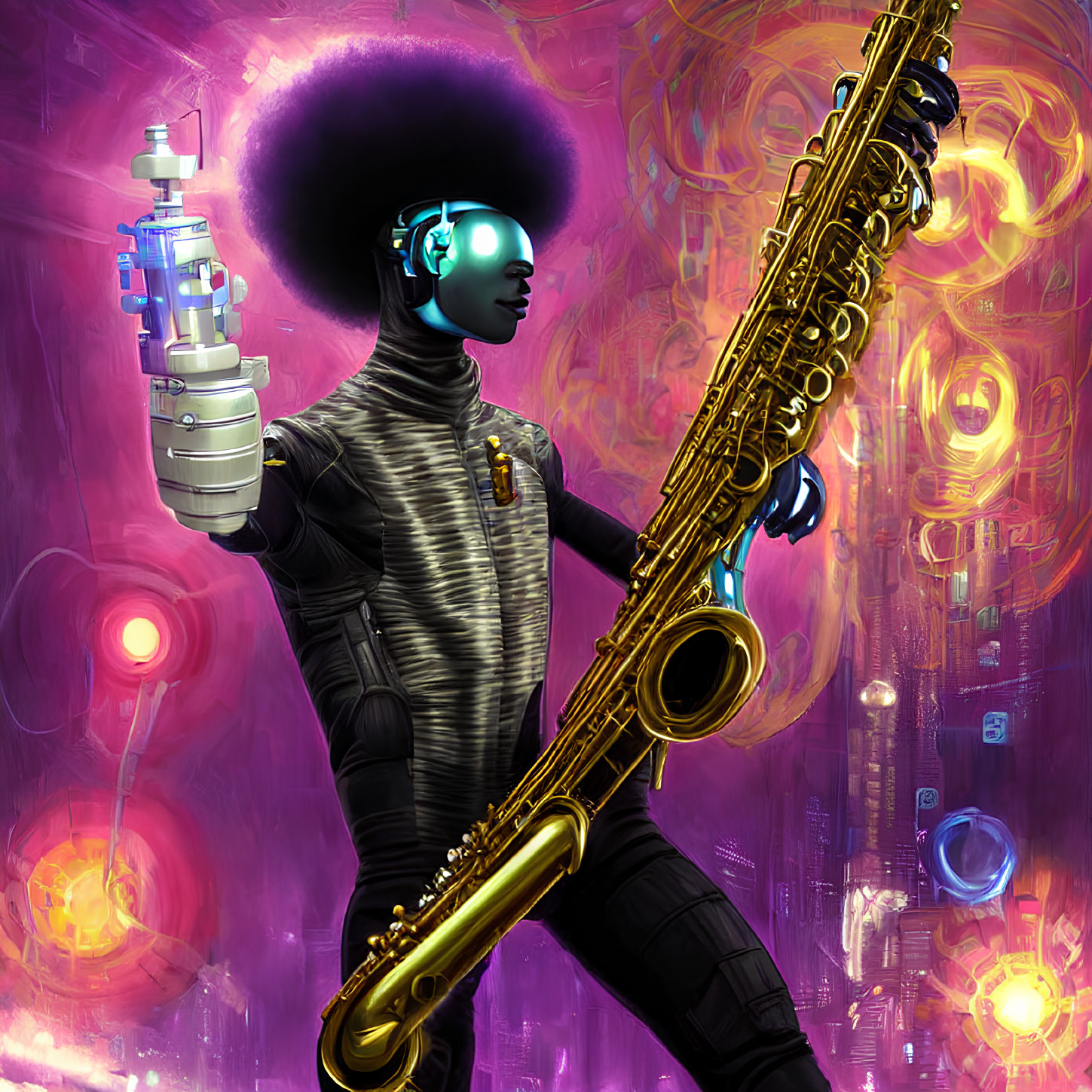 Futuristic robotic figure with afro and saxophone in neon cybernetic setting