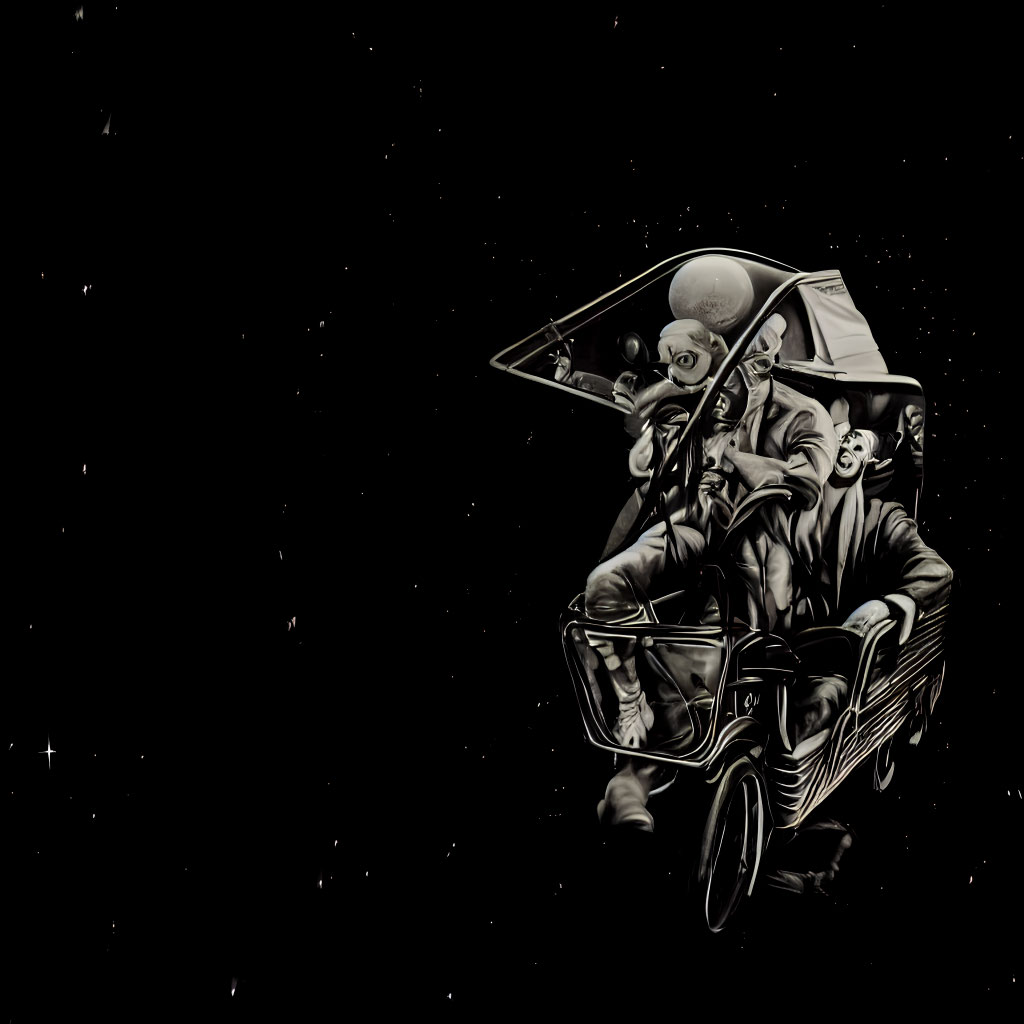 Monochrome illustration of two characters in space riding a classic car-like vehicle
