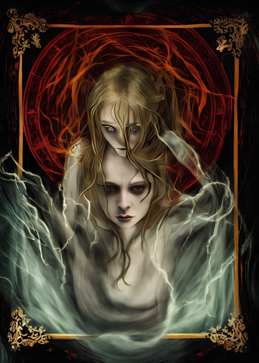Gothic fantasy illustration of pale figure with long hair and golden designs