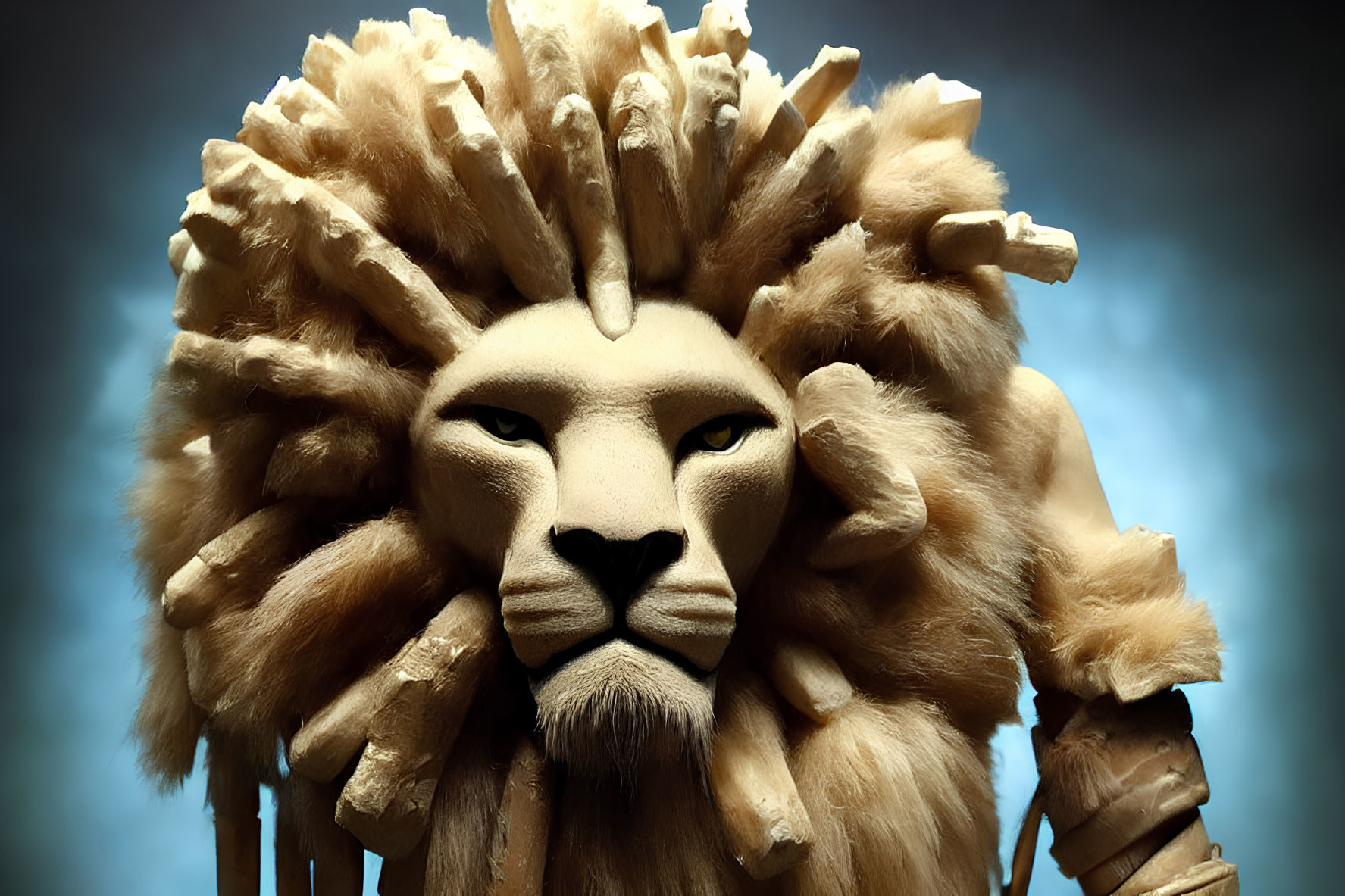 Wooden lion mask with mane on blue gradient background