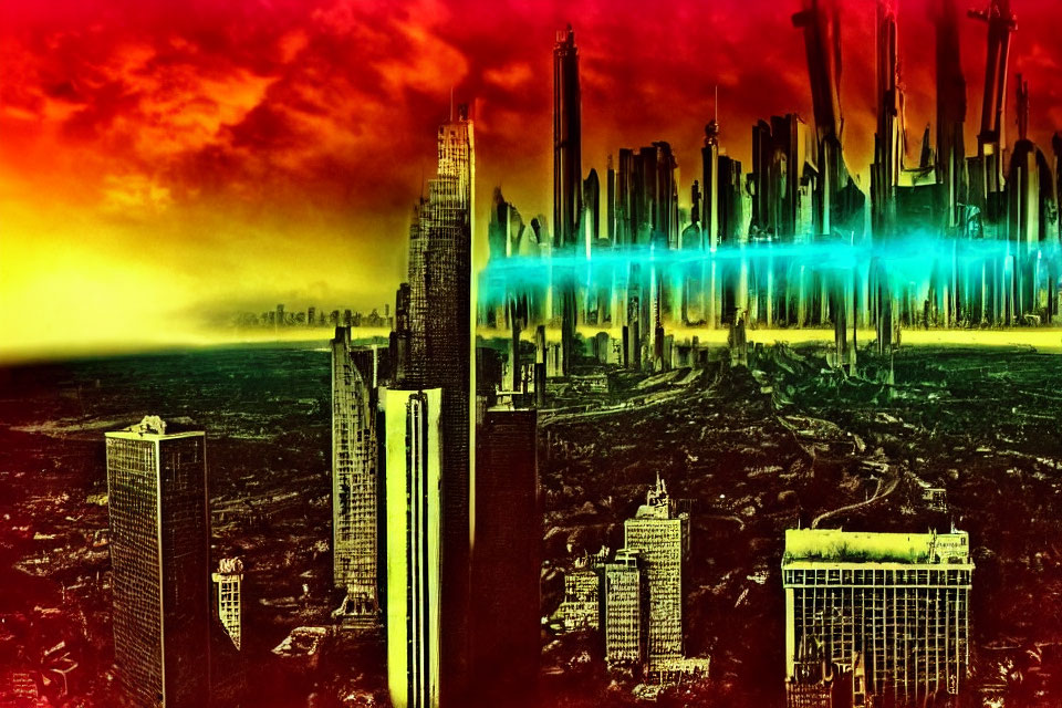 Surreal cityscape with skyscrapers under fiery sky and neon beam