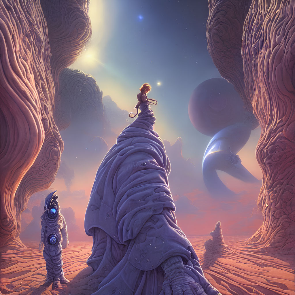 Person sitting on surreal rocky formation on alien planet with multiple moons in pinkish-purple sky