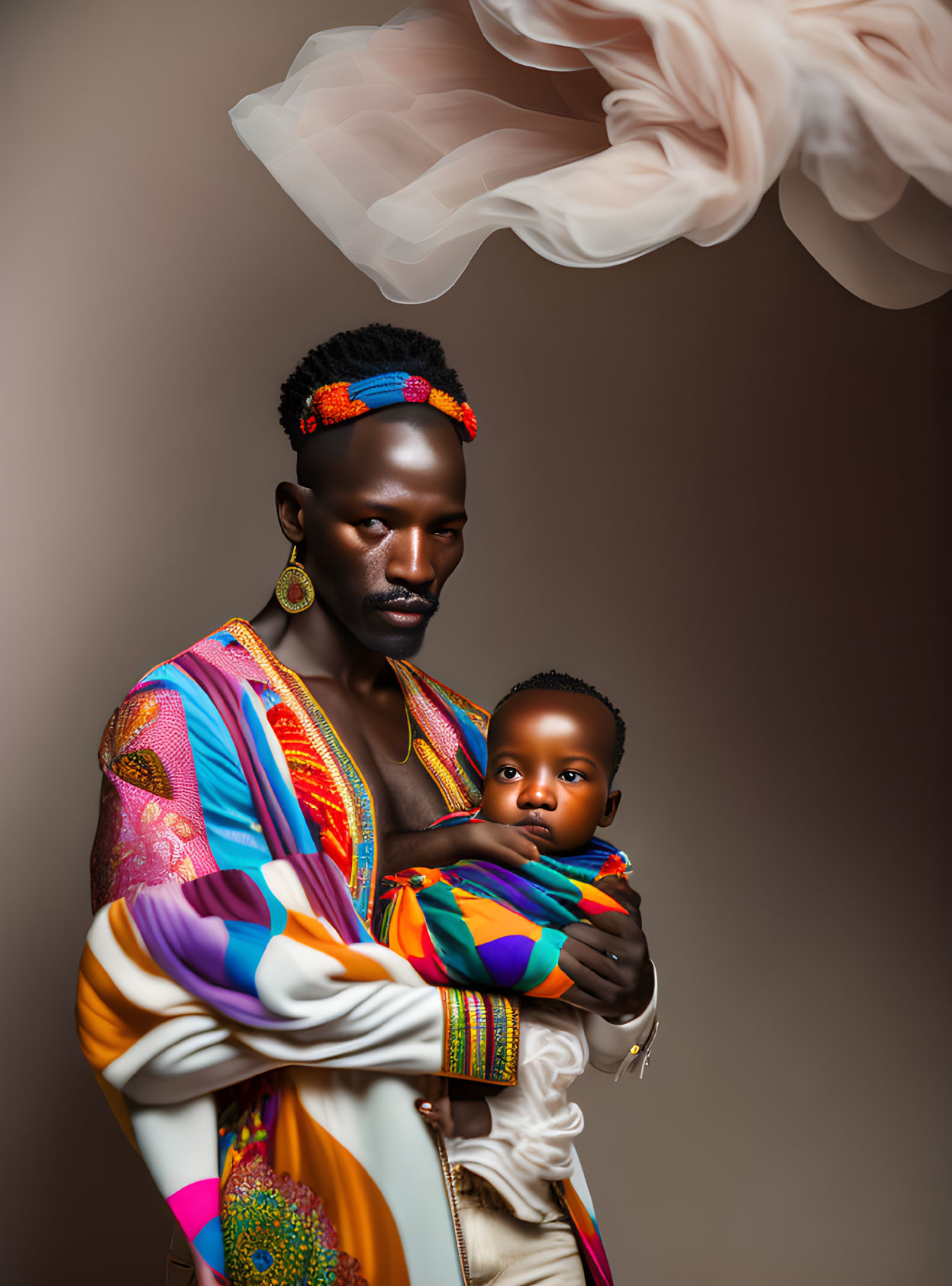 Colorful African Attire: Person with Child and Translucent Fabric
