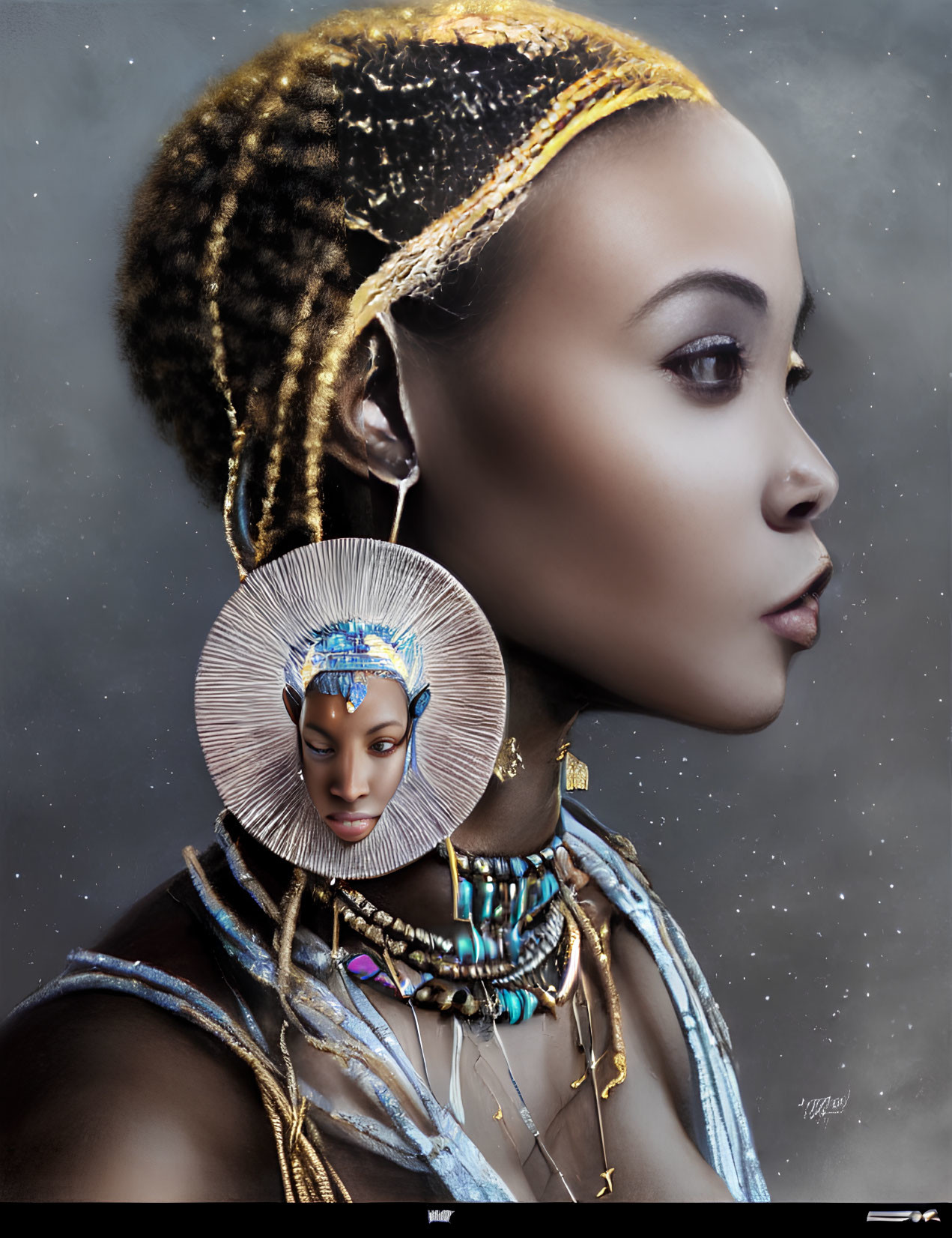Detailed digital portrait of African woman with intricate hair braids, circular earring, necklaces, and