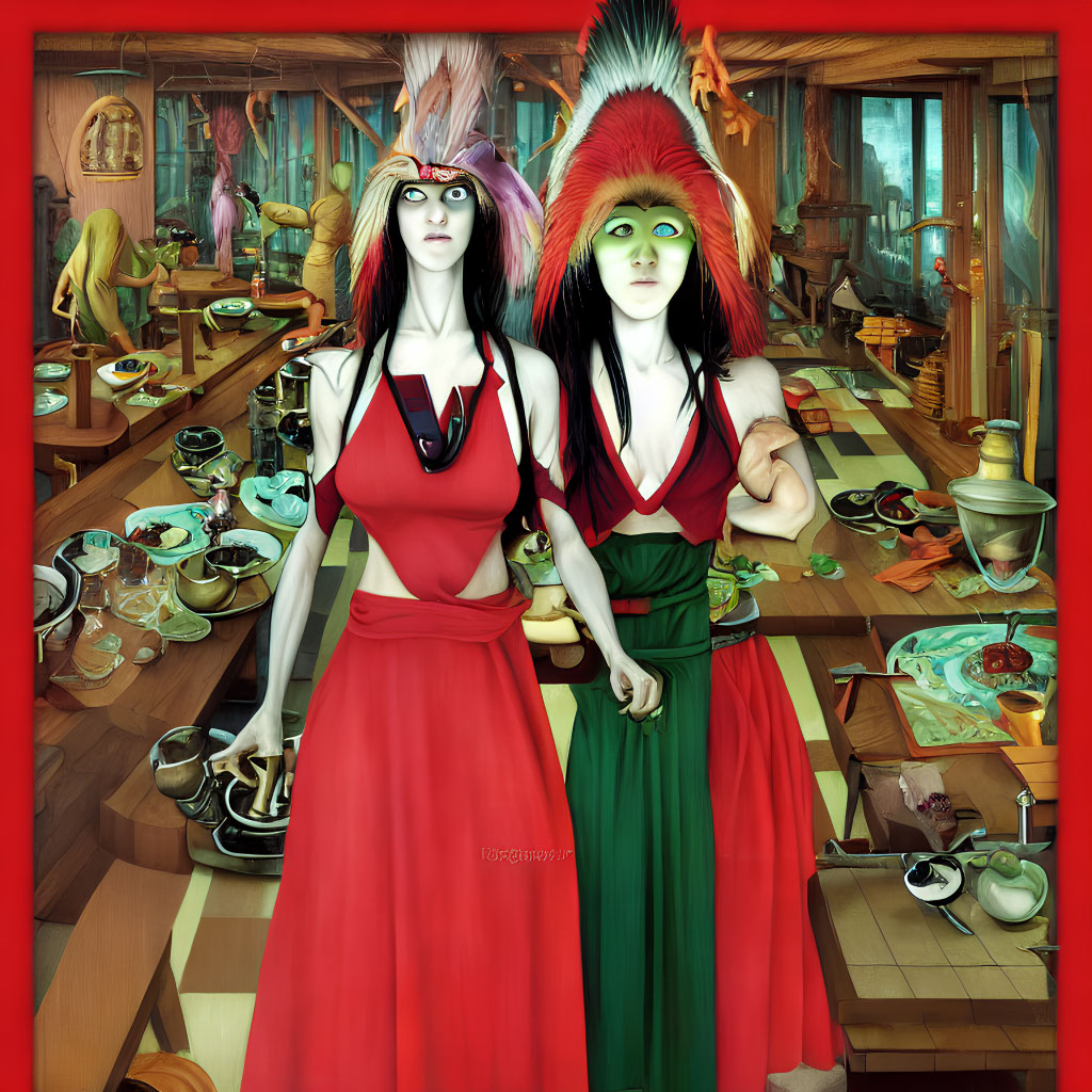Two women in vibrant dresses with feathered headdresses in surreal diner
