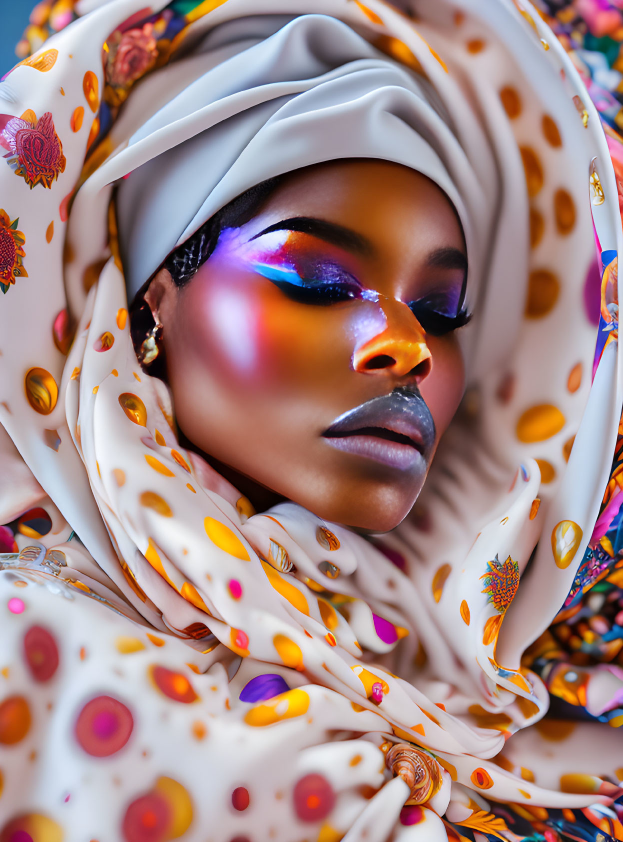 Vibrant Eye Makeup and Patterned Headscarf Portrait with High Color Saturation