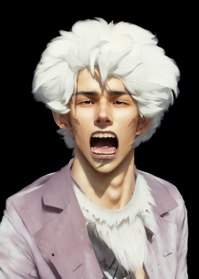 Digital Artwork of Person with White Hair & Purple Jacket in Intense Expression