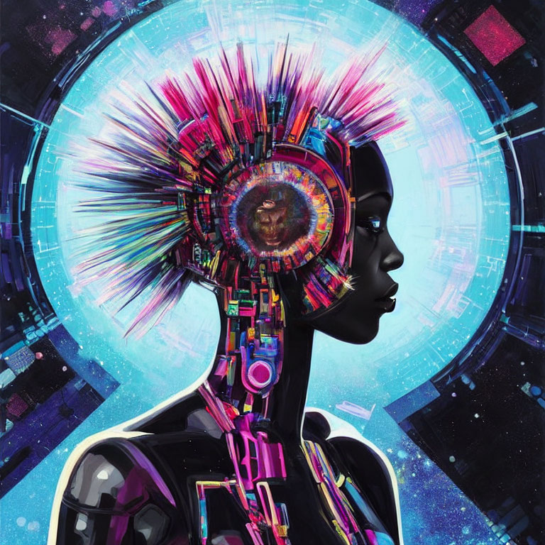 Colorful Cybernetic Woman with Vibrant Data Headpiece