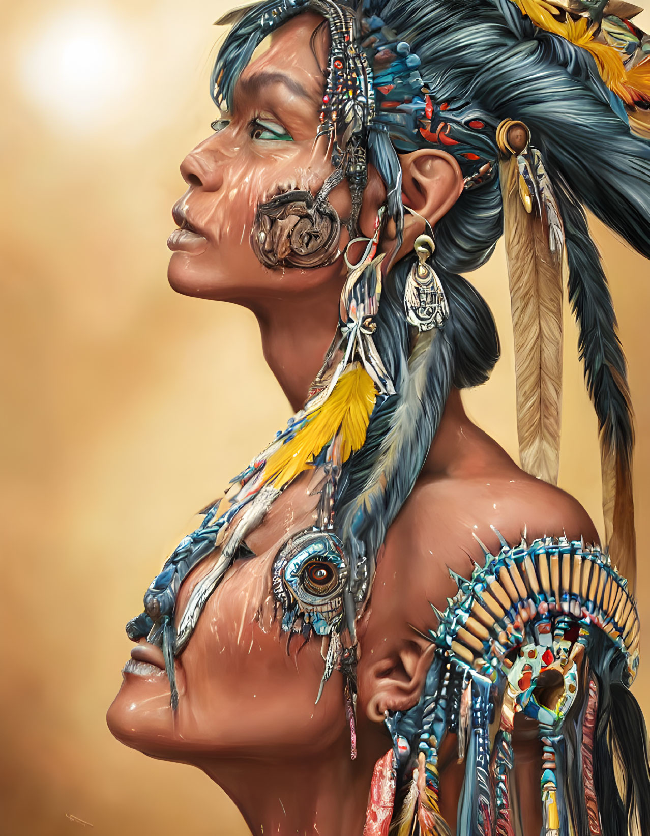 Portrait of a person with tribal face paint, feathers, beads, and dreamcatcher earring