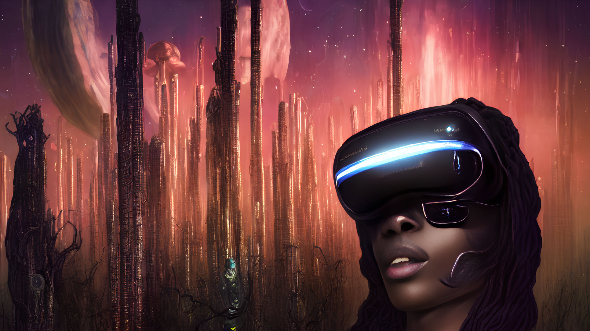 Person in Futuristic VR Headset in Surreal Landscape