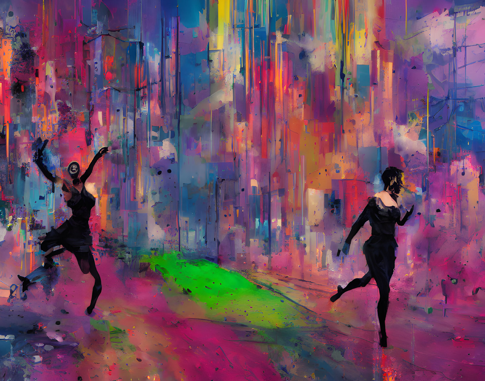 Silhouetted figures dancing in vibrant, colorful paint splashes