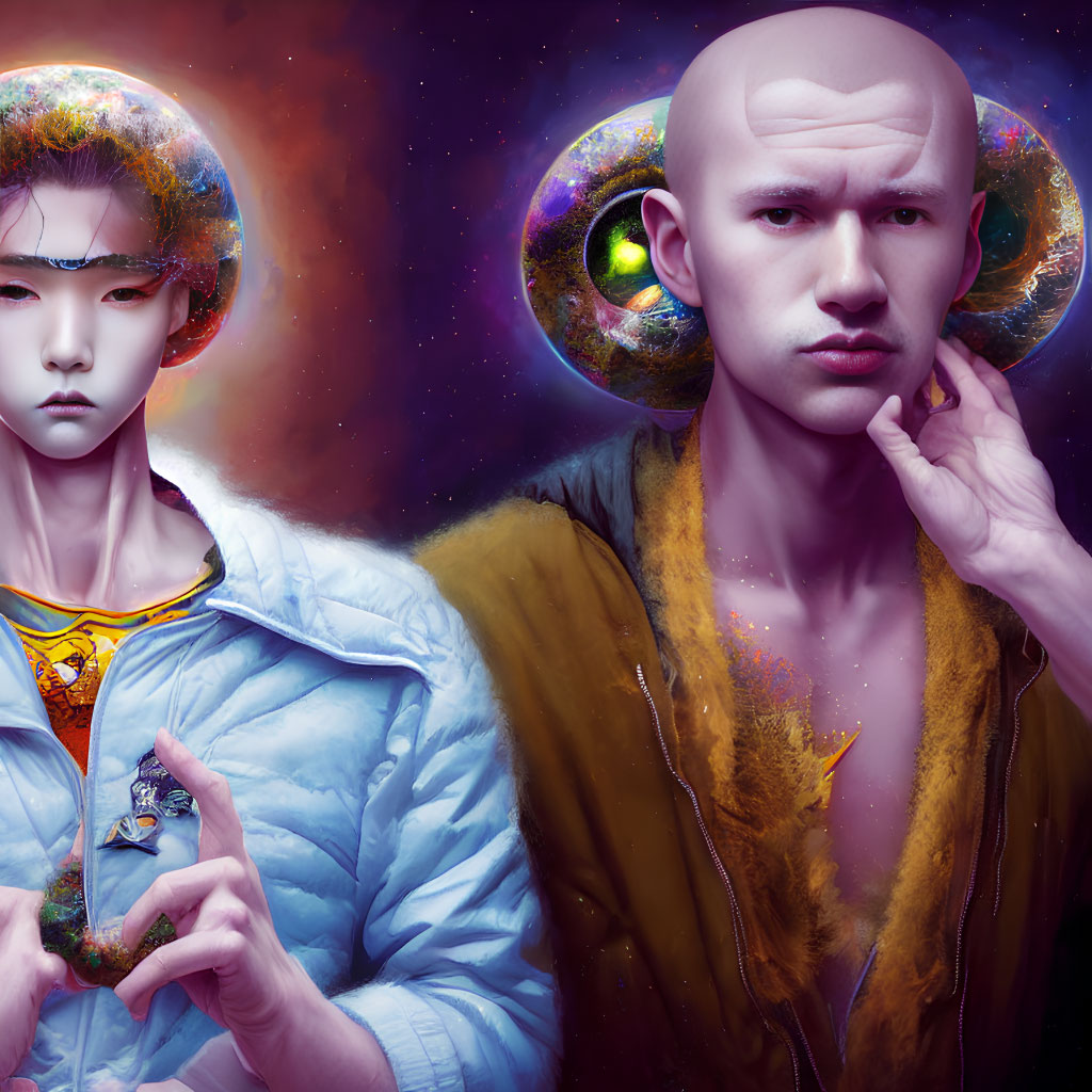 Futuristic individuals with cosmic-themed halos in artistic clothing