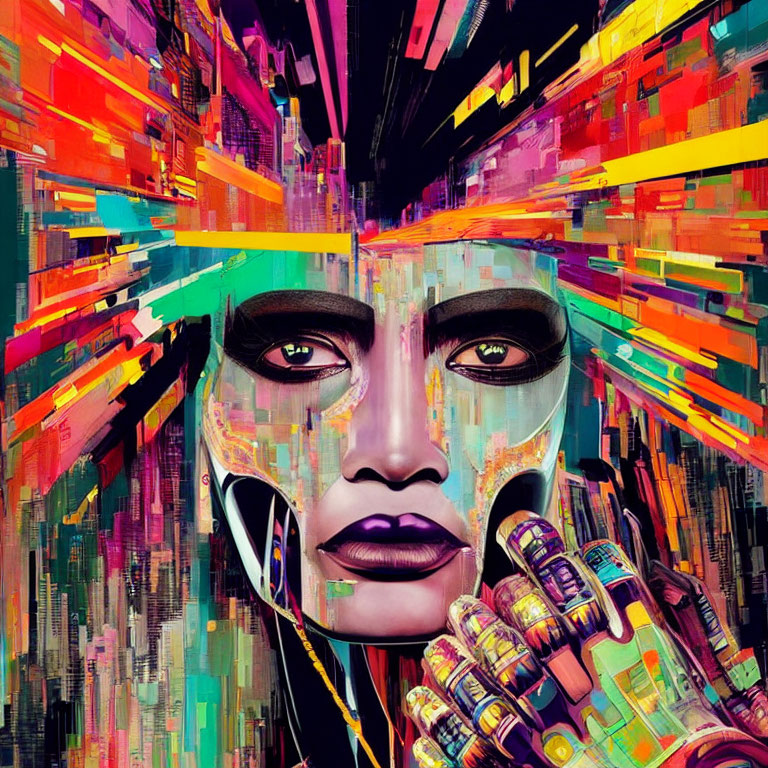 Colorful Abstract Digital Artwork of Woman's Face with Cybernetic Elements