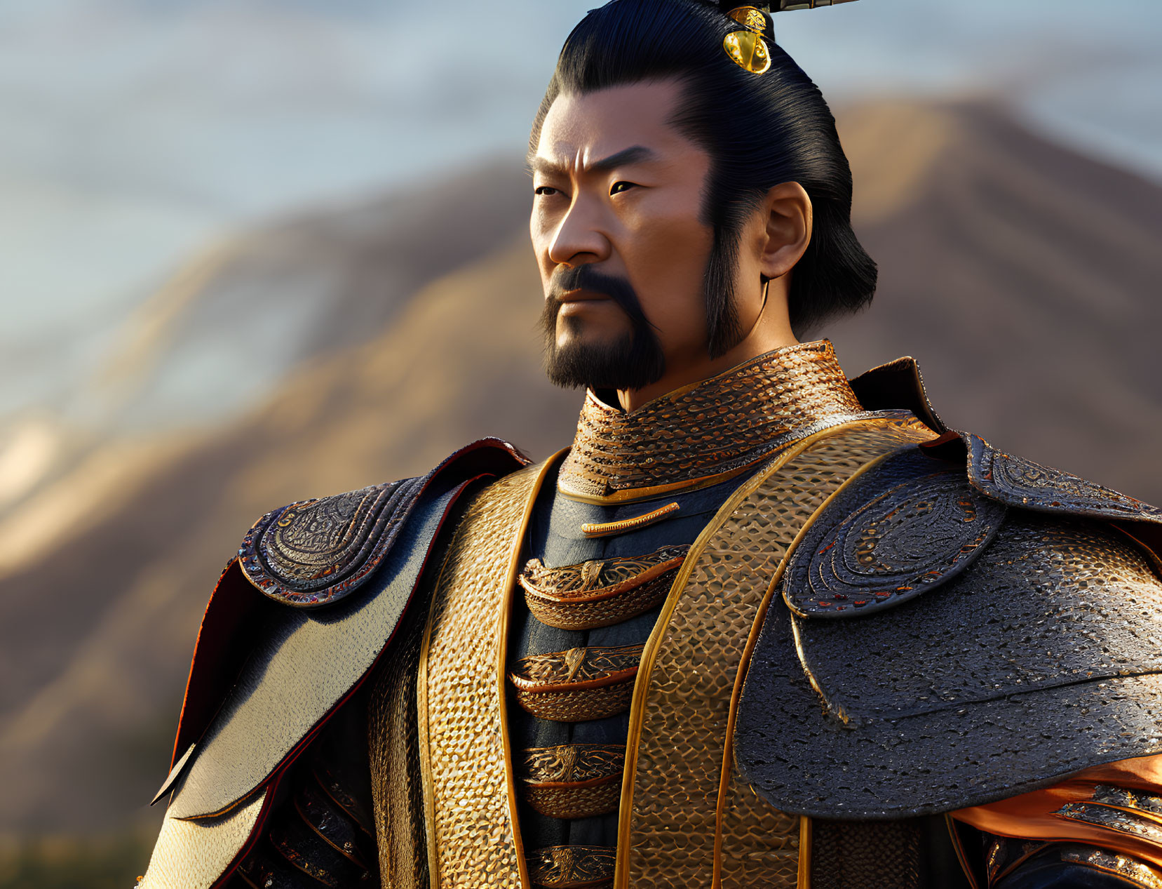 East Asian warrior in traditional armor with gold accents against mountain backdrop