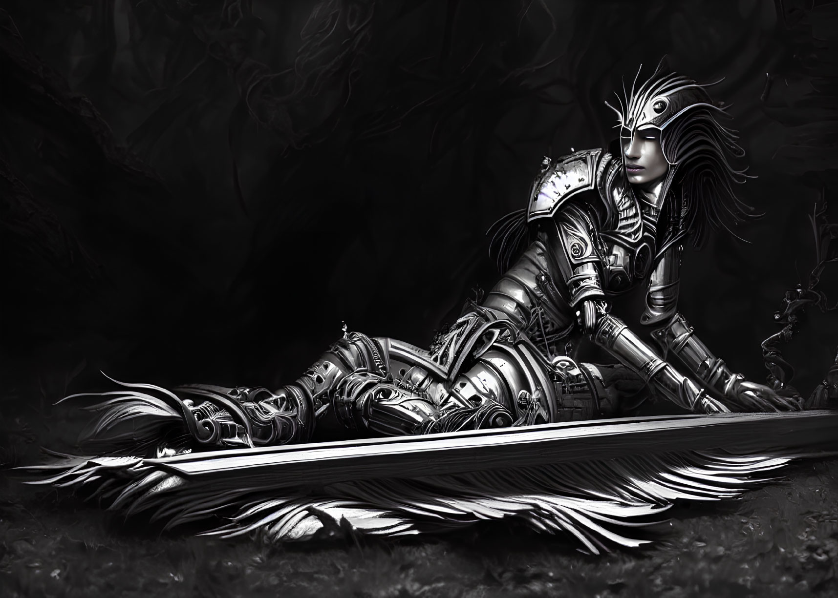 Monochromatic digital artwork of warrior in ornate armor on giant sword in dark mist