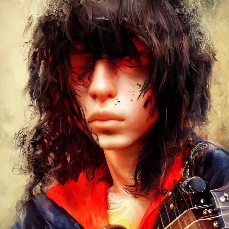 Stylized portrait of person with shaggy dark hair, red jacket, and guitar
