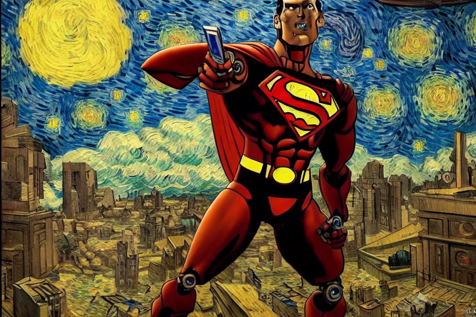 Stylized superhero in dynamic pose with Vincent van Gogh-inspired backdrop.