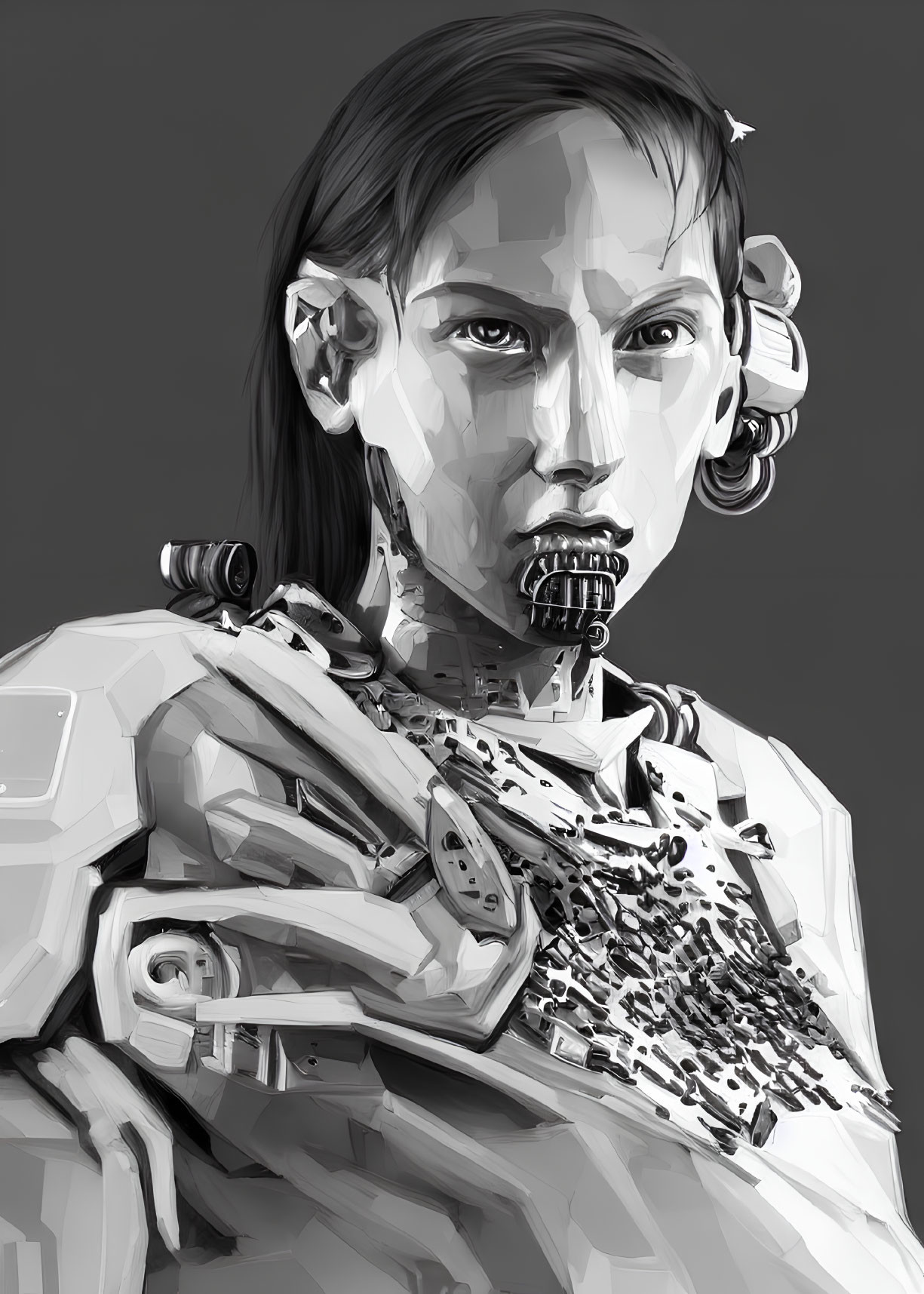 Grayscale digital art of person with cyborg features