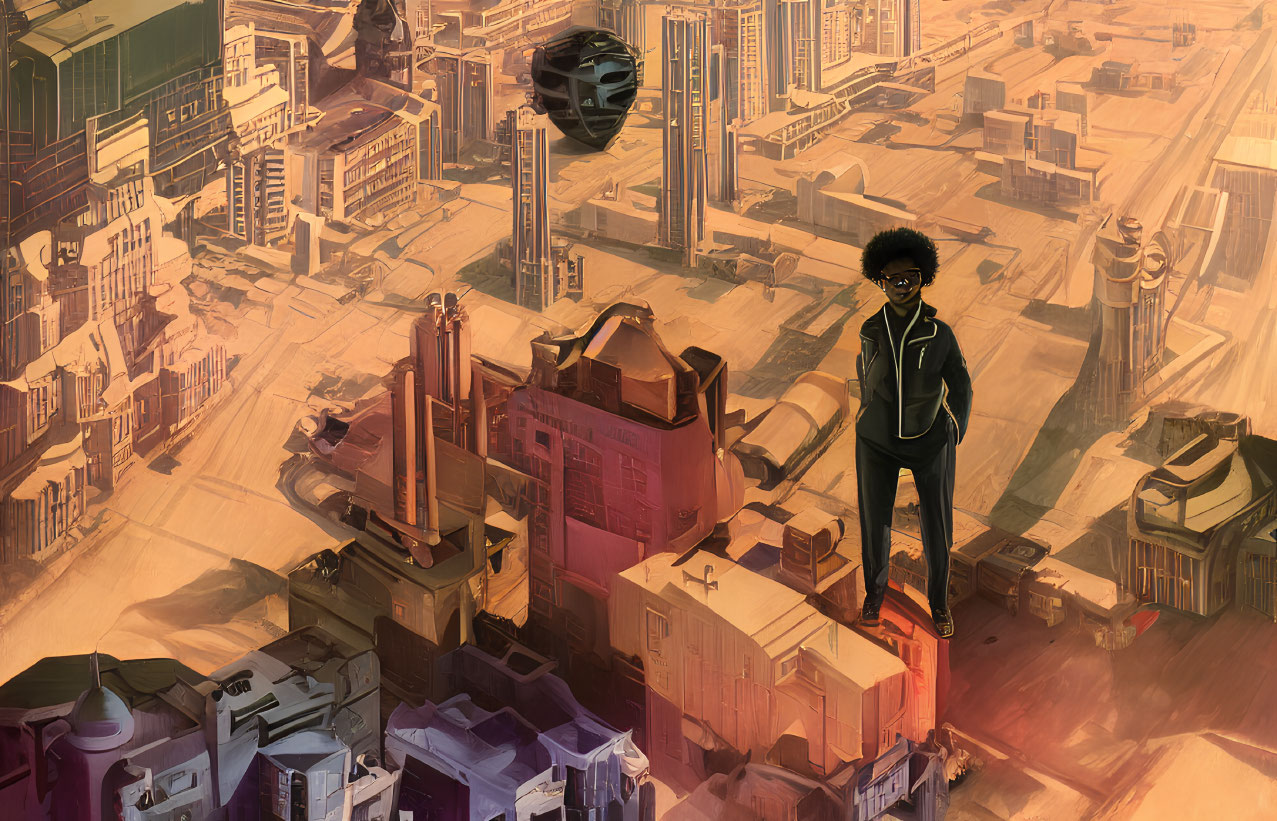 Person with Afro in Futuristic Cityscape with Flying Cars and Towering Buildings
