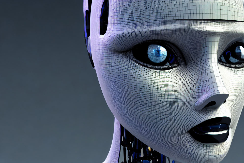 Detailed robotic humanoid face with mesh-like texture and blue eye.