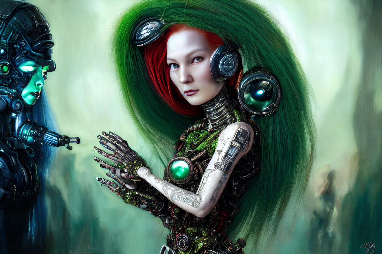 Red-haired female cyborg with green mechanical parts and blue robotic figure in digital artwork