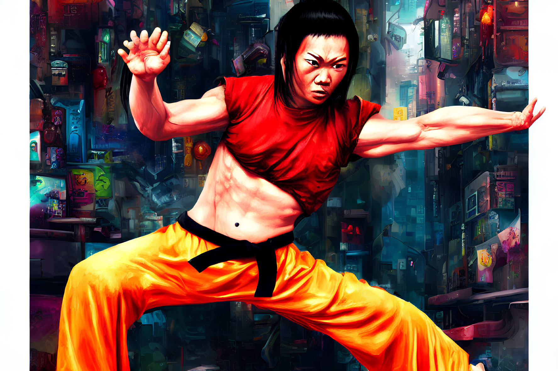 Digital illustration: Martial artist in red top and yellow pants striking kung fu pose in vibrant urban setting