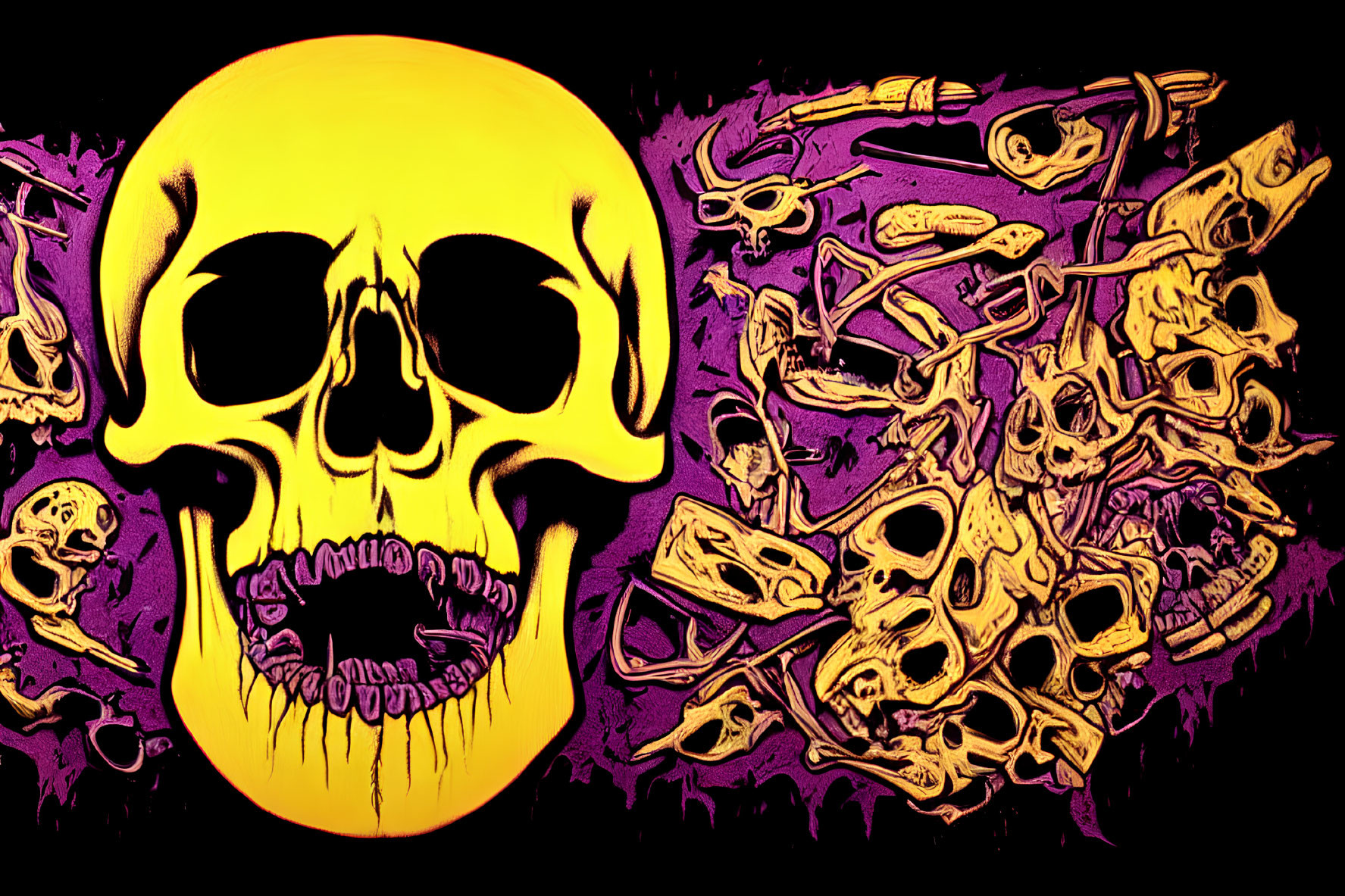 Vivid Yellow Skull Among Smaller Skulls on Purple Background