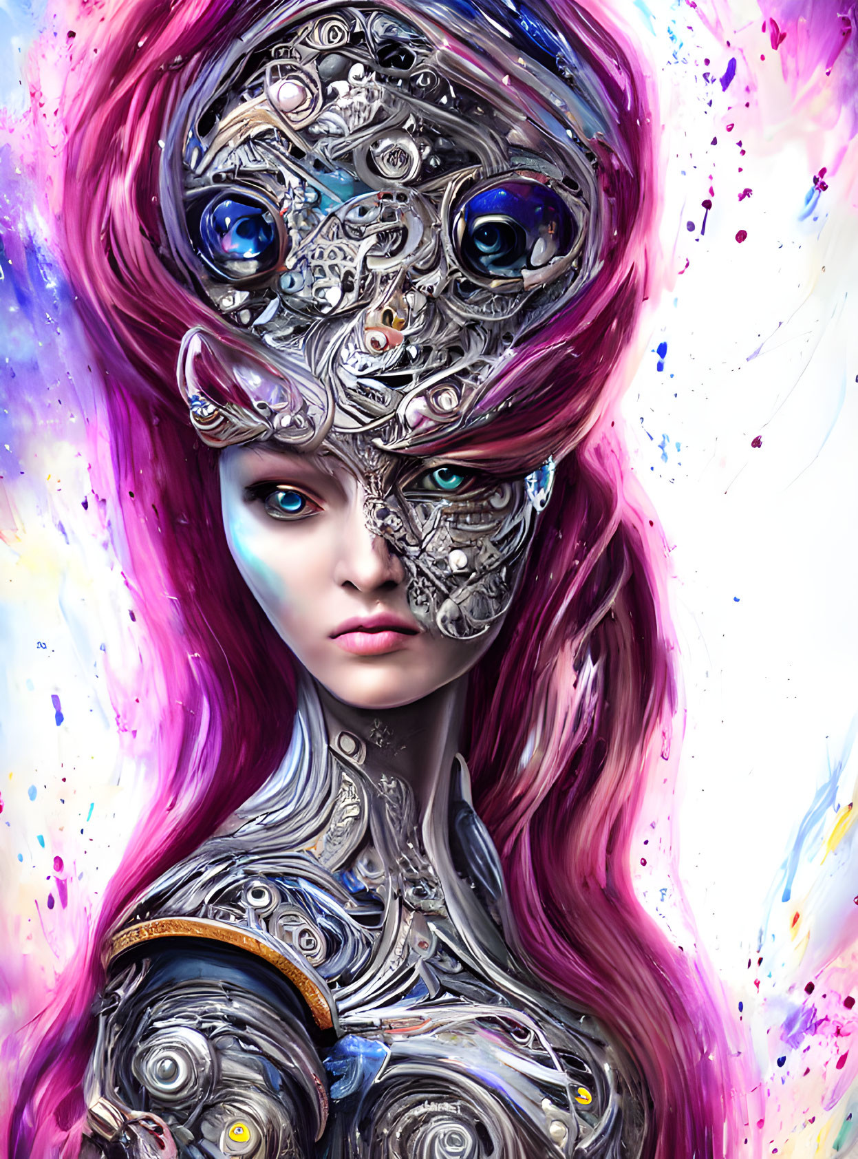 Female figure with pink hair, human and robotic eyes, and mechanical parts.
