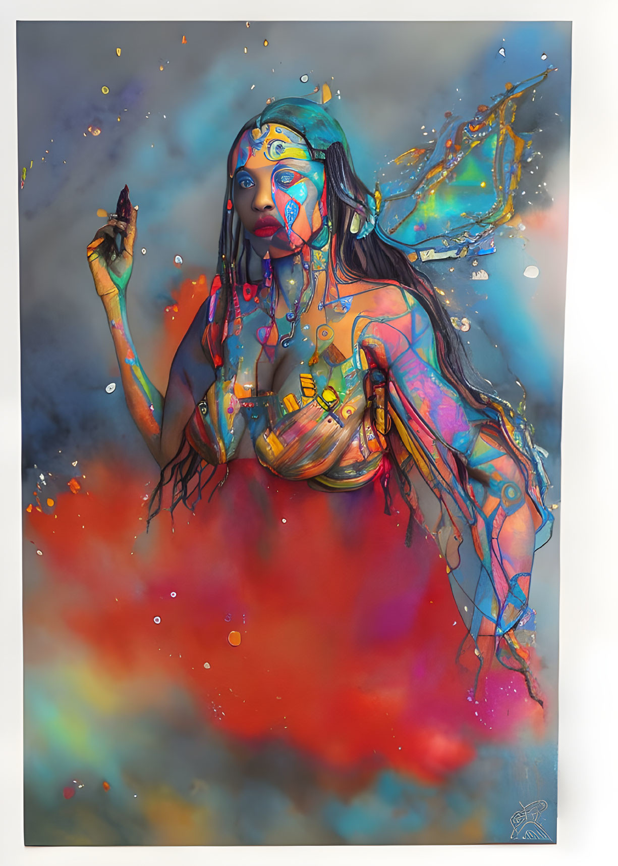 Vibrant woman with multicolored body paint and translucent wings in nebula background