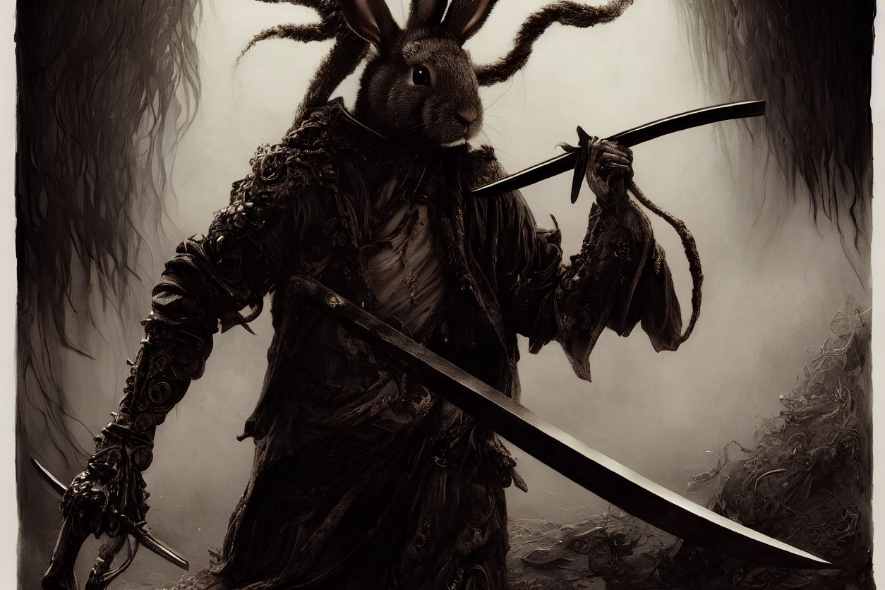 Anthropomorphic rabbit in armor wields two swords in dark fantasy setting