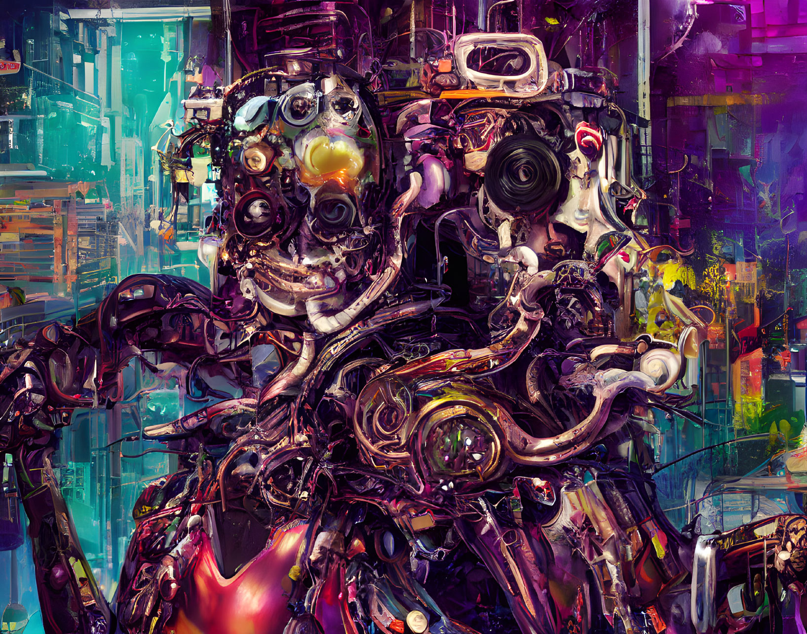 Colorful Cyberpunk Art: Abstract Robotic Figures & Swirling Textures