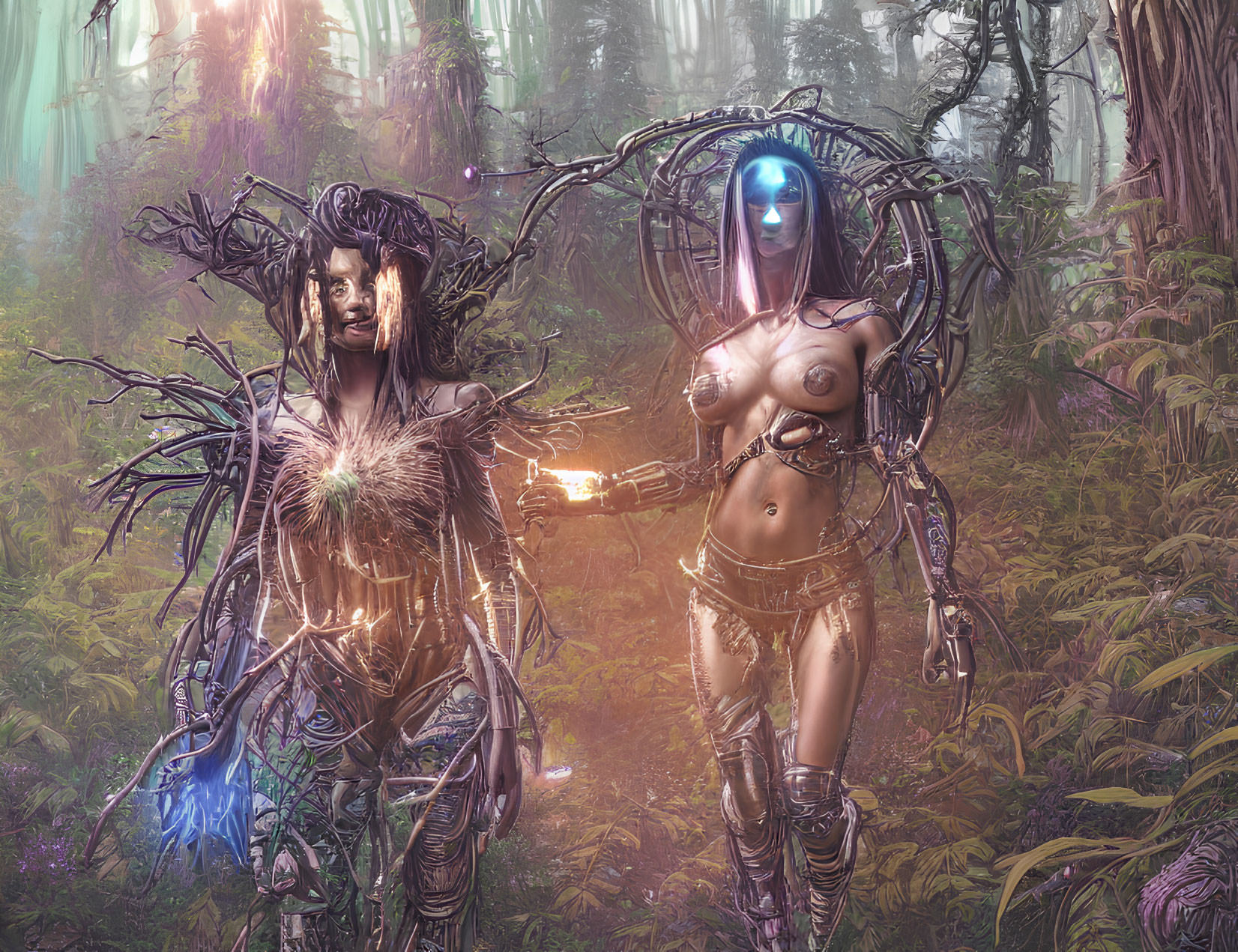 Futuristic humanoid figures with cybernetic elements in misty forest