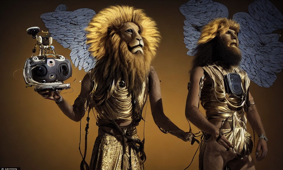 Surreal image of lion-headed figures with wings on ochre backdrop