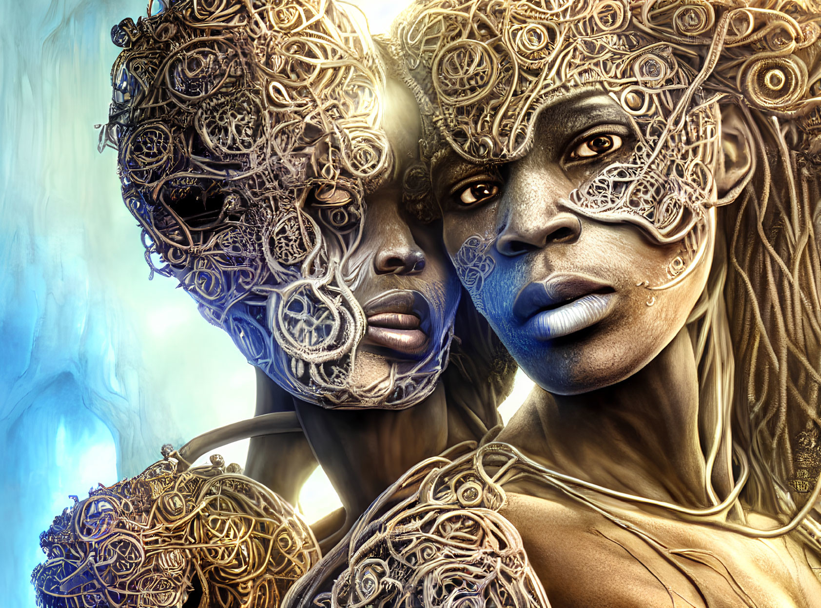 Intricate mechanical and organic faces blend technology with humanity