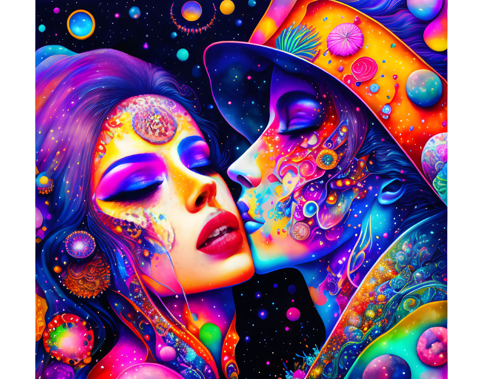 Intricately painted faces against vibrant cosmic background